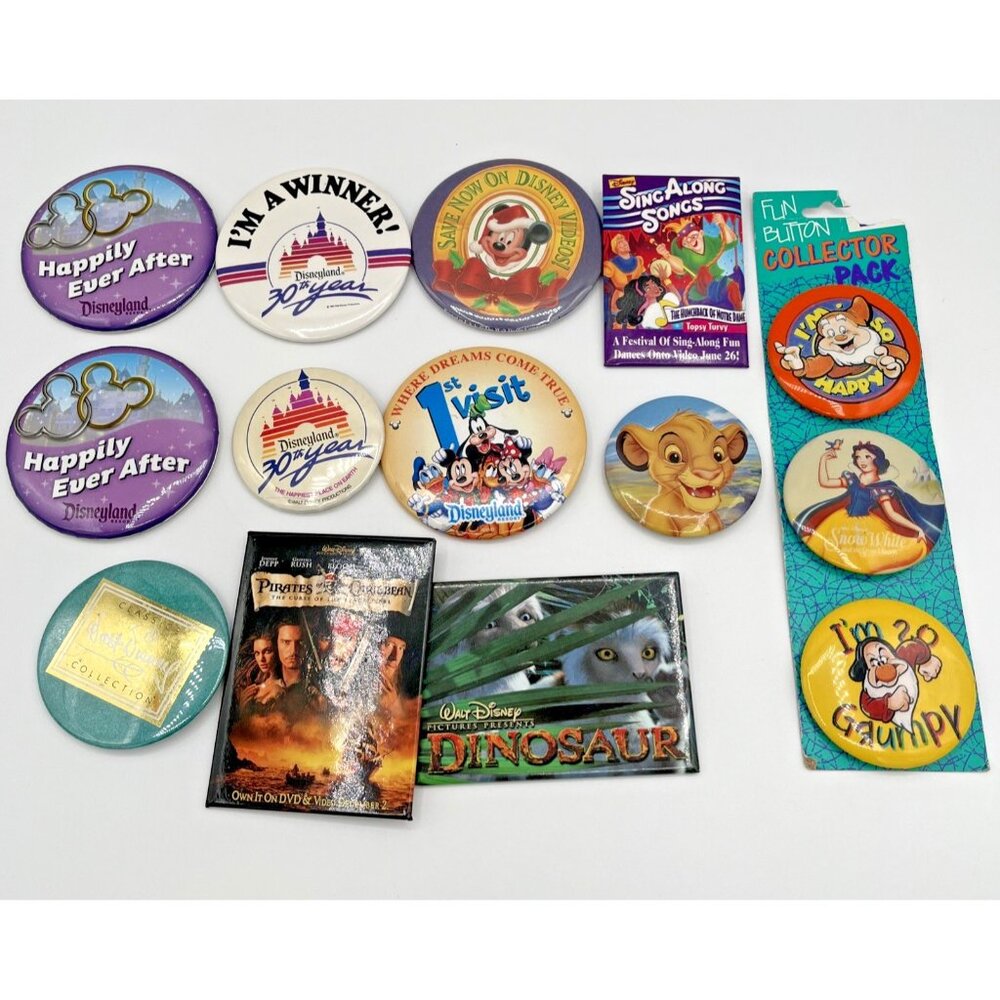 Vintage Disney Pin Button Disneyland Mickey Mouse Snow White Pirates lot of 14